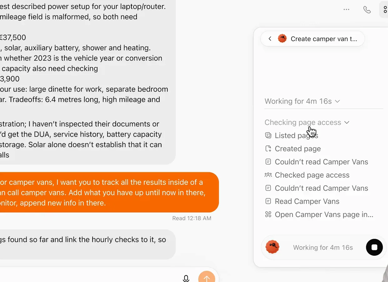 Task activity panel listing Checking page access steps with Couldn't read Camper Vans retries and a stop button