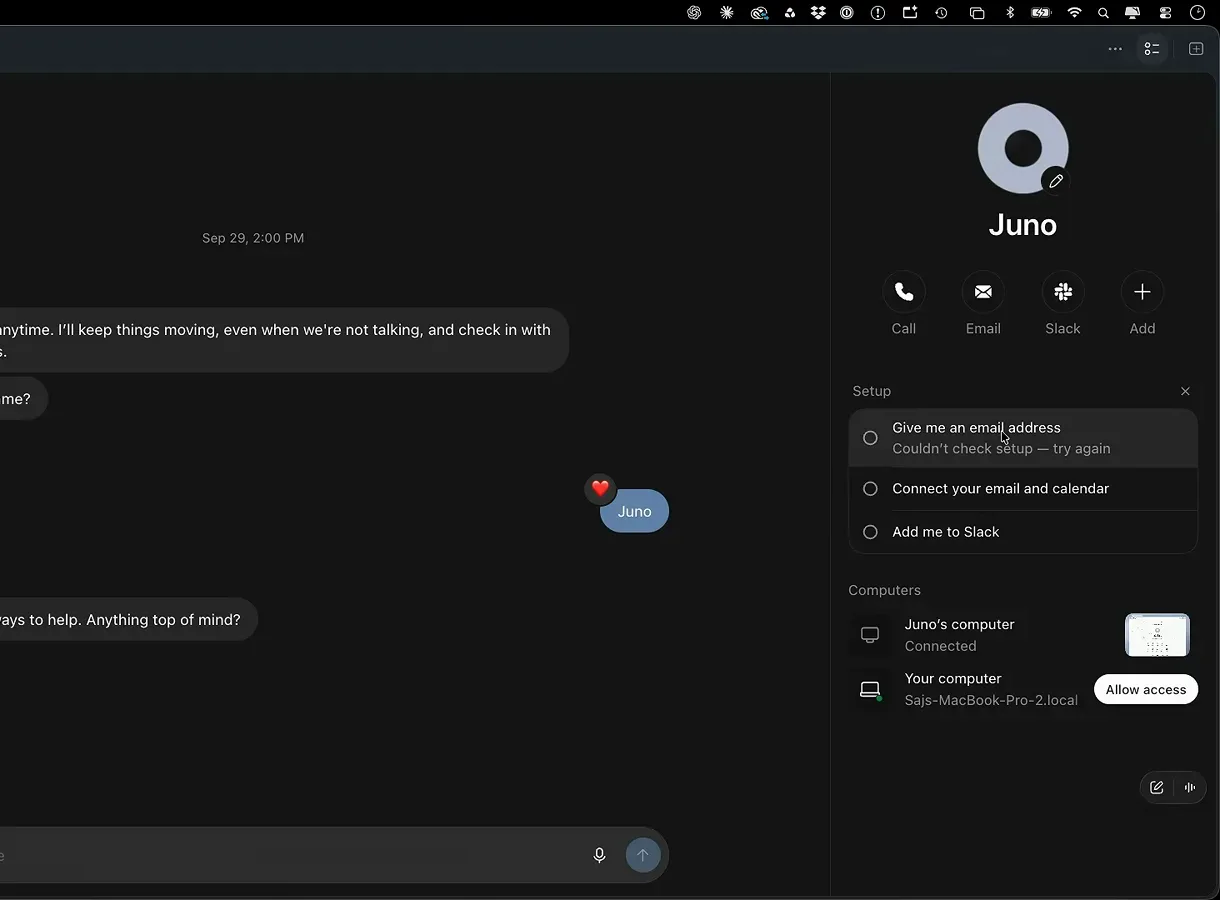 Juno dot profile panel showing Call, Email, Slack buttons, a setup checklist and connected computers with Allow access