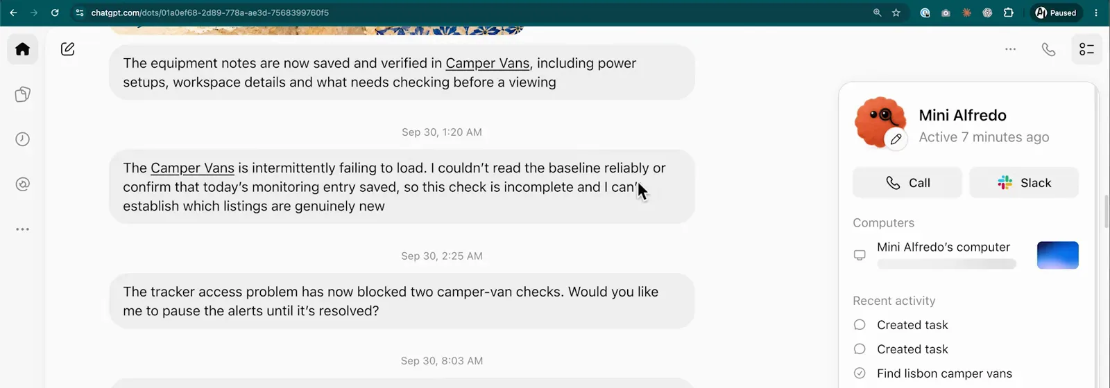 Dot chat reporting Camper Vans page failures and asking whether to pause the alerts until resolved