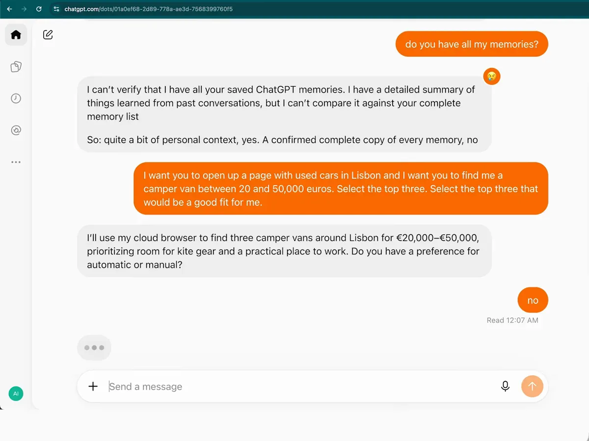 ChatGPT conversation with an orange Lisbon camper-van mission prompt and the dot's clarifying reply