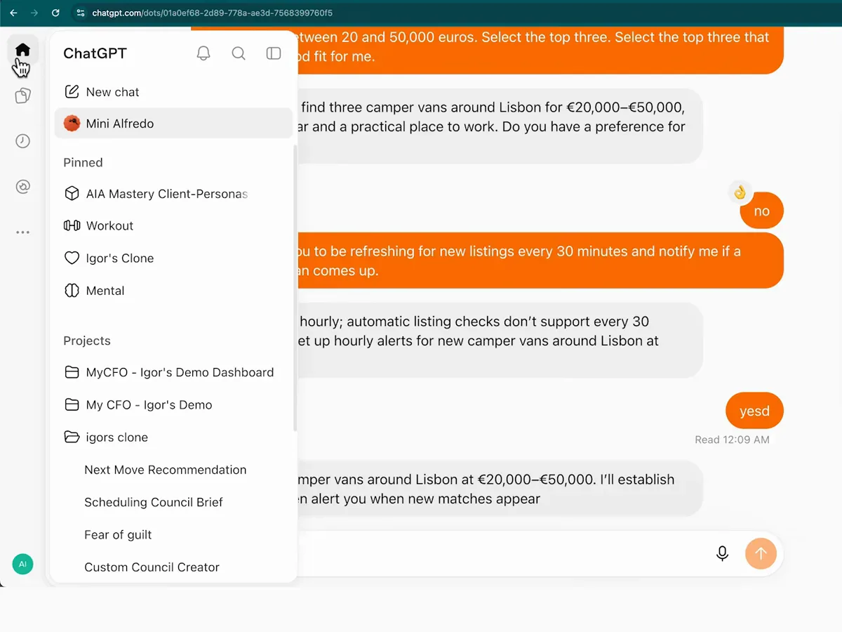ChatGPT conversation where the dot counters a 30-minute refresh request with hourly alerts for Lisbon campers