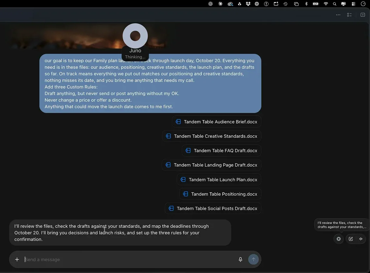 Blue ChatGPT message setting a launch goal with three Custom Rules beside six Tandem Table docx files
