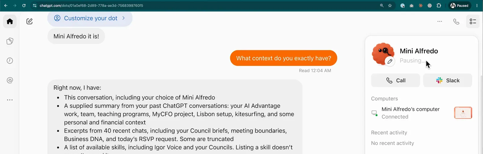 Mini Alfredo profile panel showing the Pausing state with recent activity and outputs listed