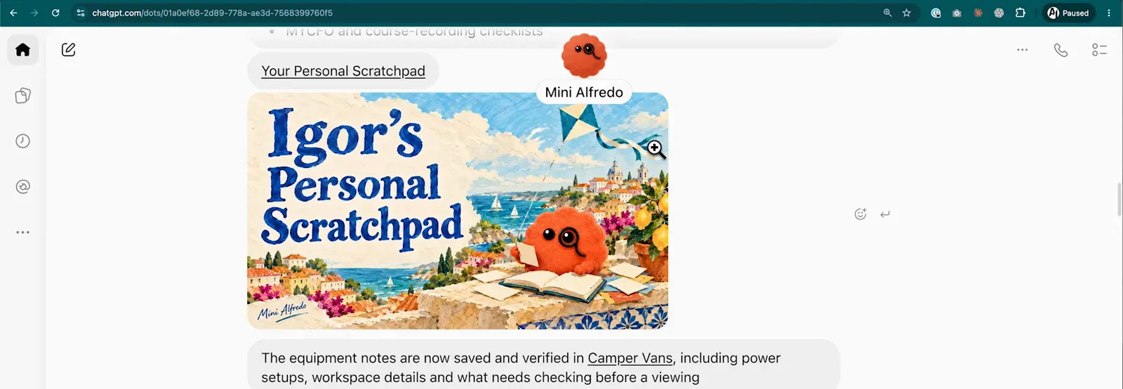Igor's Personal Scratchpad page with an illustrated coastal cover inside the ChatGPT dot conversation