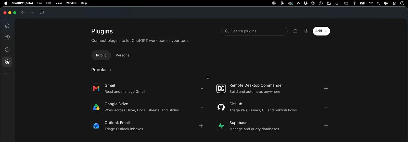 ChatGPT Plugins page listing Gmail, Google Drive, Outlook Email, Adobe, Canva, Figma and GitHub with connect buttons