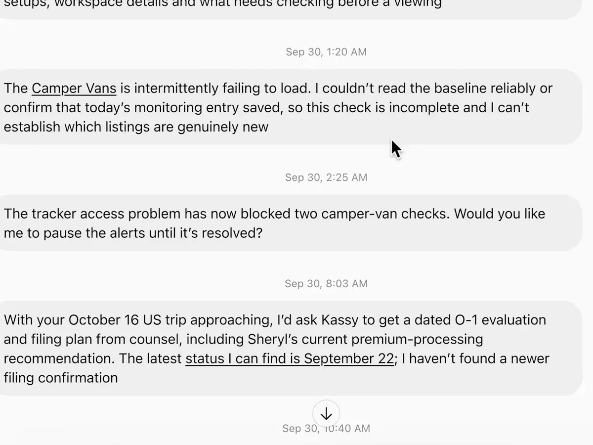 Morning dot chat showing overnight blocker warnings and a proactive O-1 visa deadline brief