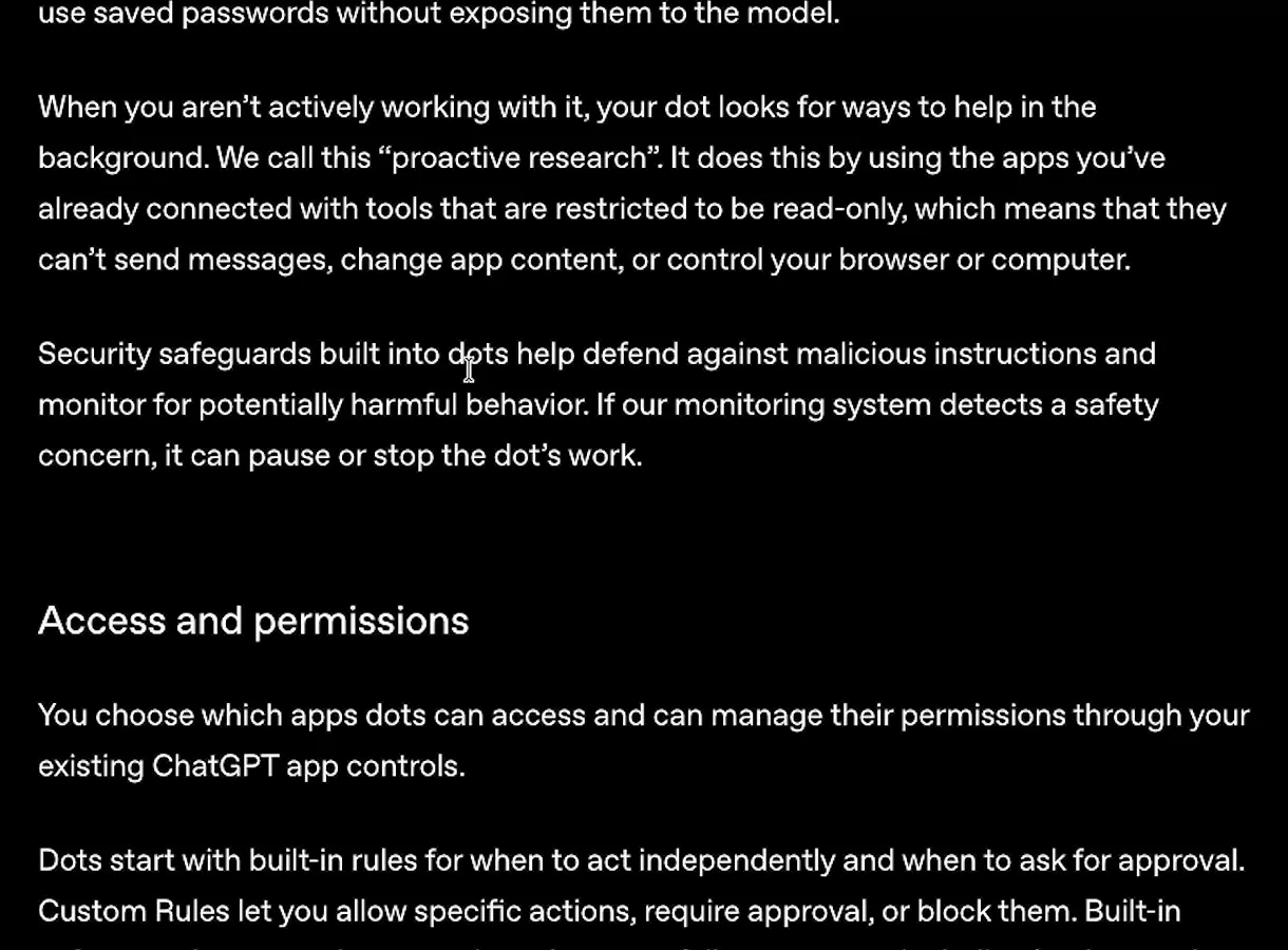 OpenAI dots documentation describing proactive research as read-only with security safeguards and Custom Rules
