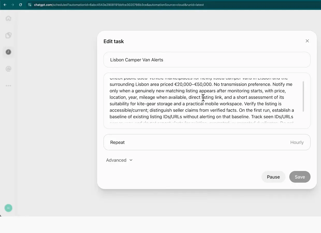 Edit task dialog for Lisbon Camper Van Alerts showing the dot's self-written brief and Repeat set to Hourly