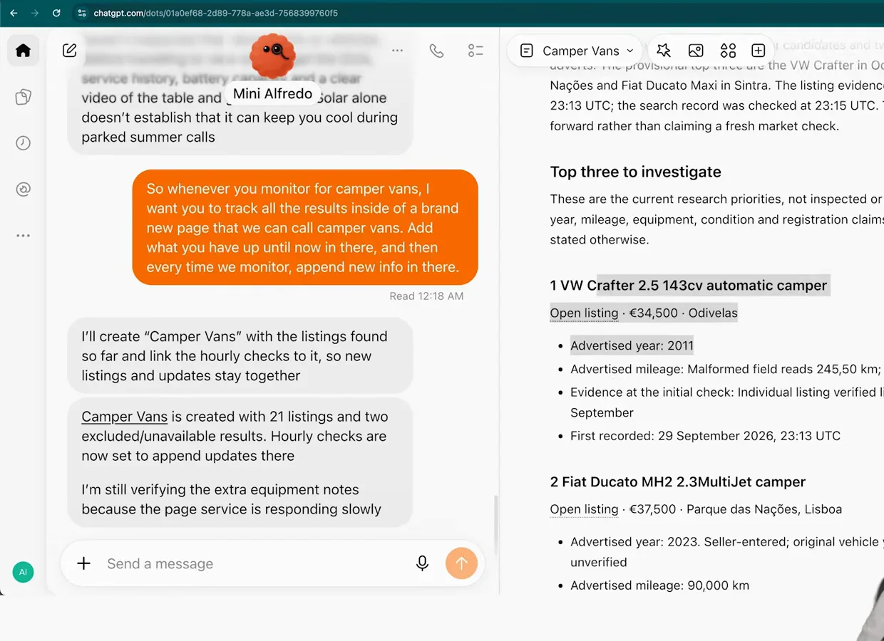 Camper Vans page listing the top three campers with prices, advertised year and mileage evidence beside the creating chat