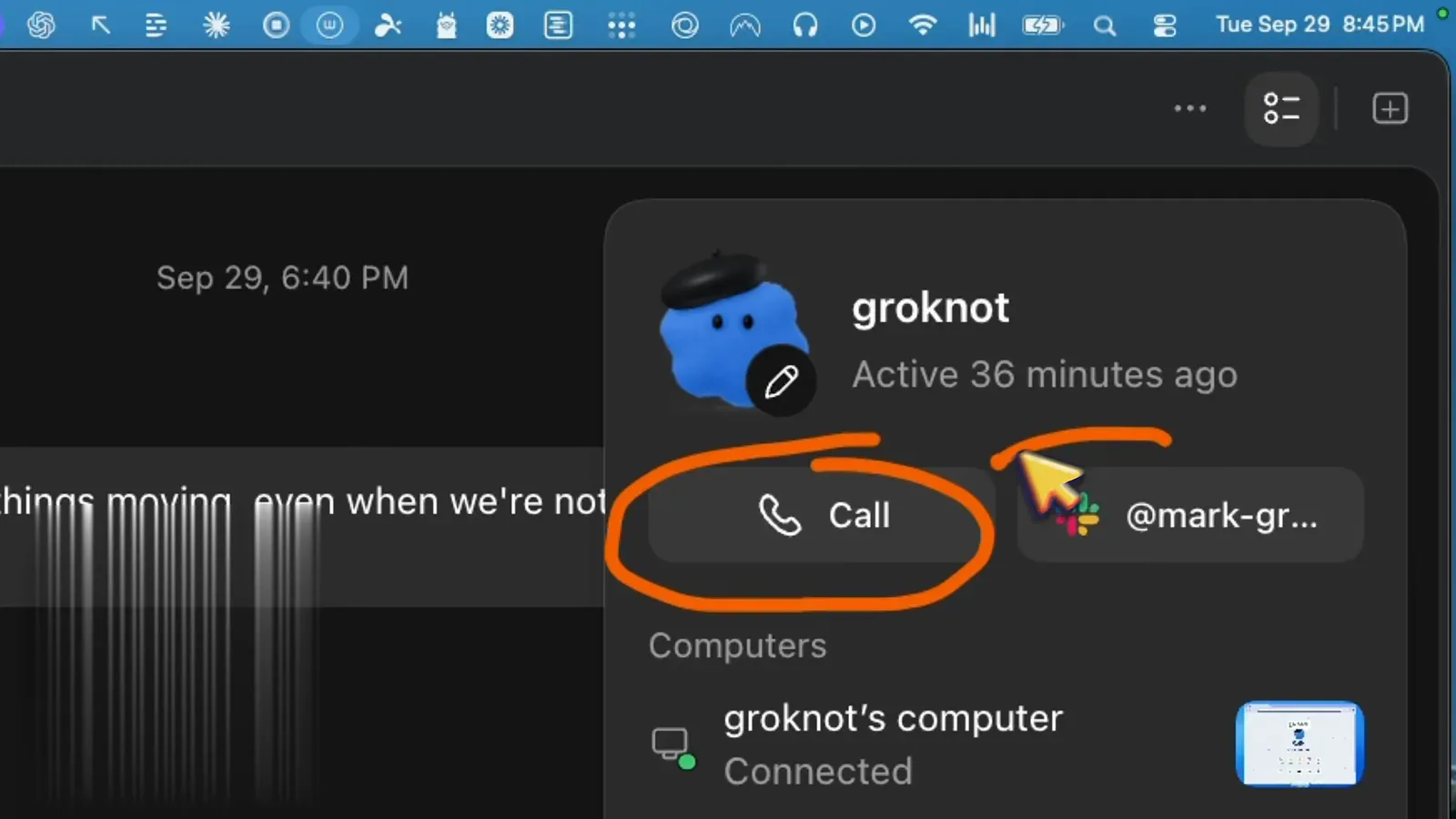 dots 个人面板:groknot 显示 Active,配 Call 按钮和 groknot's computer 已连接状态 dots 个人面板:groknot 显示 Active,配 Call 按钮和 groknot's computer 已连接状态