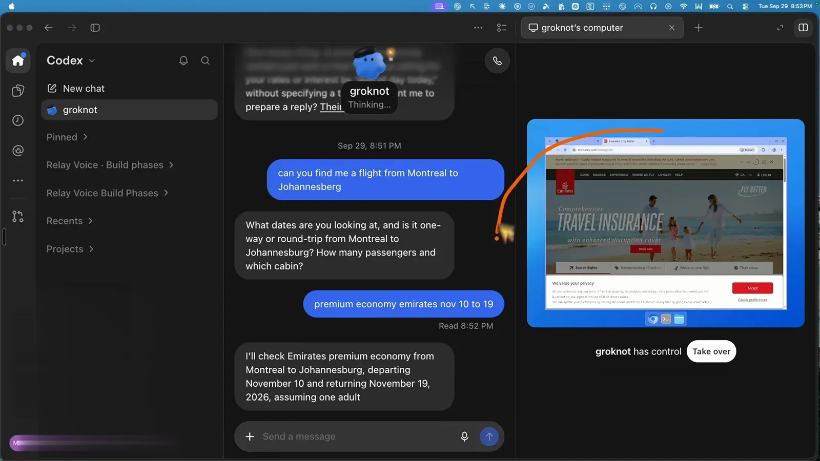 名为 groknot 的 dot 正控制云电脑浏览 Emirates 网站,搜索蒙特利尔飞约翰内斯堡的航班 名为 groknot 的 dot 正控制云电脑浏览 Emirates 网站,搜索蒙特利尔飞约翰内斯堡的航班