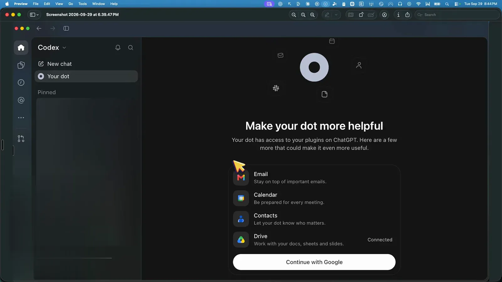 Codex 应用内 Make your dot more helpful 引导页,列出 Email、Calendar、Contacts、Drive 四个连接器 Codex 应用内 Make your dot more helpful 引导页,列出 Email、Calendar、Contacts、Drive 四个连接器