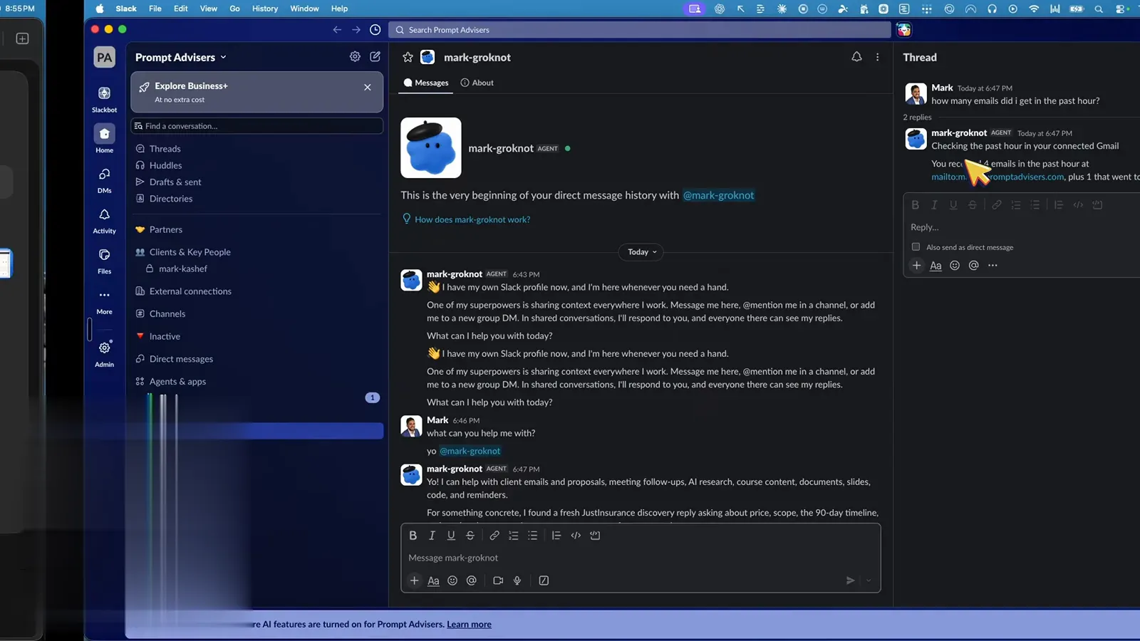 Slack 里的 mark-groknot agent 档案回答过去一小时从 Gmail 收到多少封邮件 Slack 里的 mark-groknot agent 档案回答过去一小时从 Gmail 收到多少封邮件