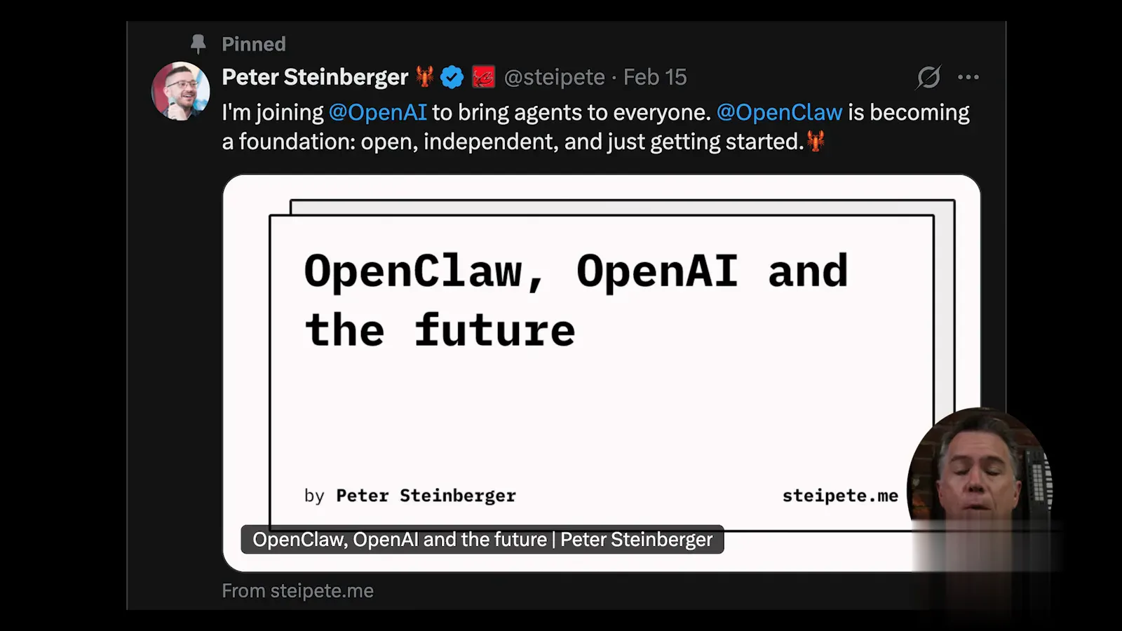 Peter Steinberger 宣布加入 OpenAI、OpenClaw 转为独立基金会的 X 帖子截图 Peter Steinberger 宣布加入 OpenAI、OpenClaw 转为独立基金会的 X 帖子截图