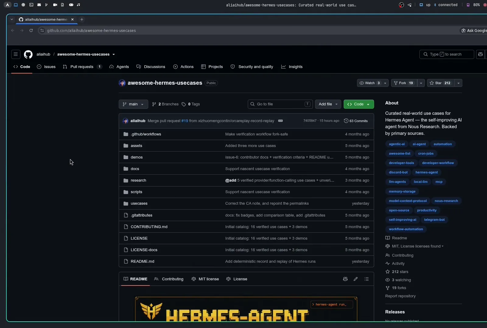 awesome-hermes-usecases GitHub repository with curated real-world use cases for the self-improving Hermes Agent and topic tags