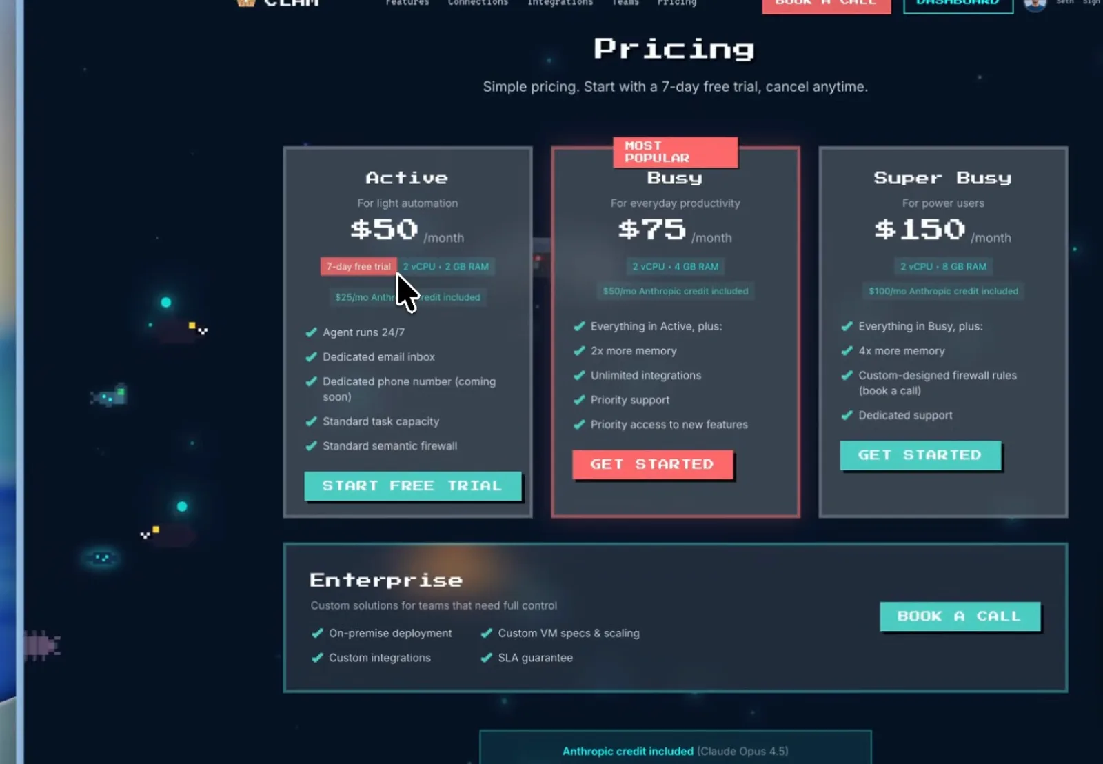 Clam pricing page comparing Active 50, Busy 75 and Super Busy 150 dollar monthly plans with Anthropic credit included