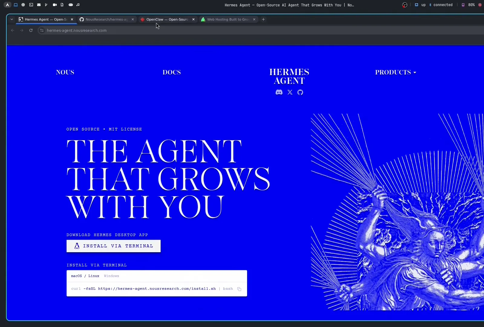 Hermes Agent website hero reading the agent that grows with you with an install via terminal curl command for macOS and Linux