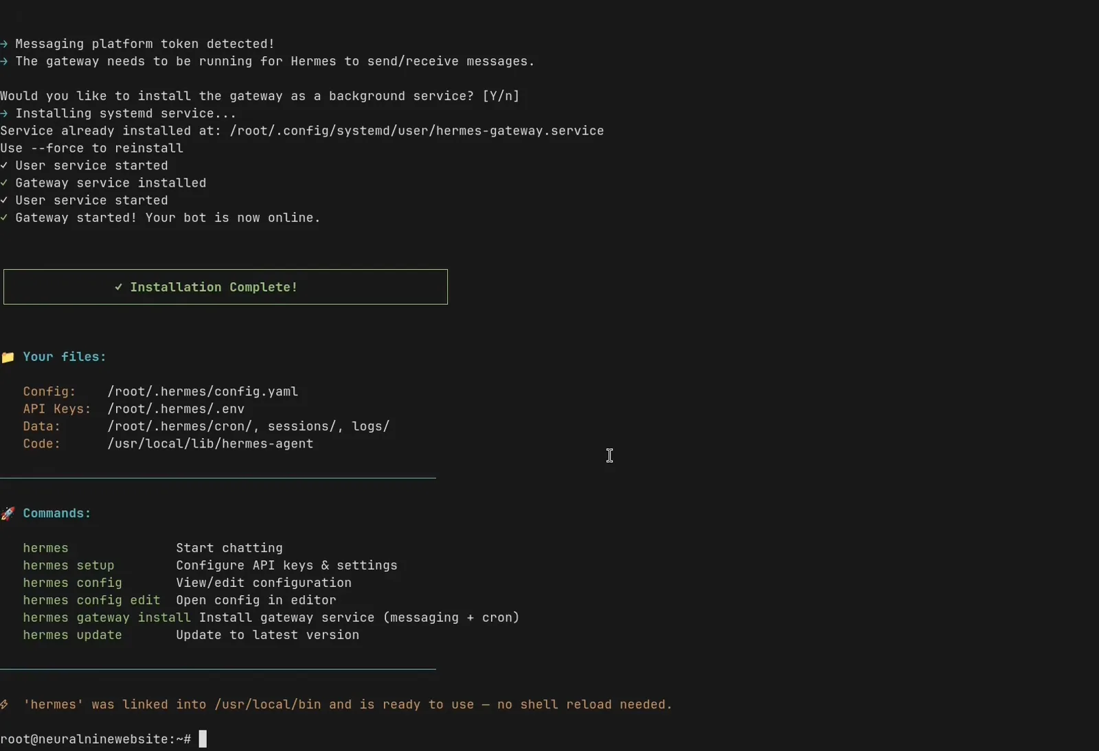 Hermes installation complete screen listing config file paths and commands like hermes setup config and gateway install