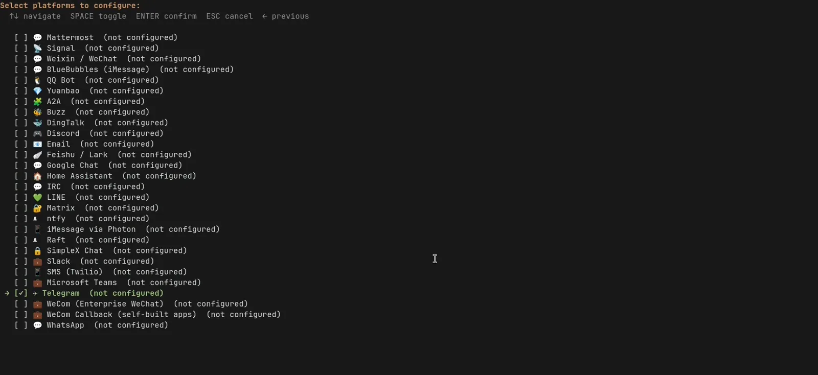 Hermes setup wizard select platforms to configure list with Telegram highlighted among options like Signal Discord and Slack