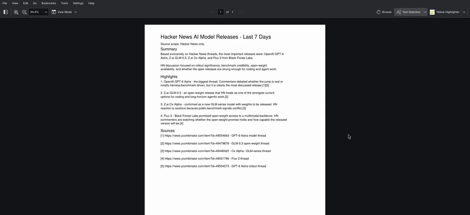PDF viewer showing a Hacker News AI model releases last 7 days summary with highlights and sources generated by Hermes
