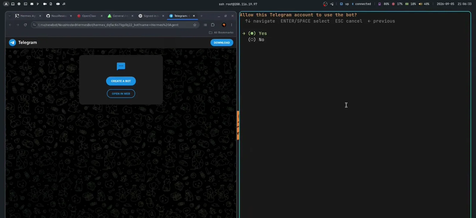 Hermes wizard showing a Telegram create a bot page next to a terminal asking to allow this Telegram account to use the bot