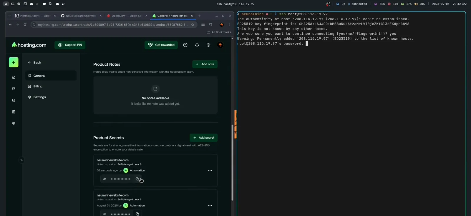 Terminal showing ssh root login to a fresh VPS with host authenticity confirmation before installing Hermes Agent