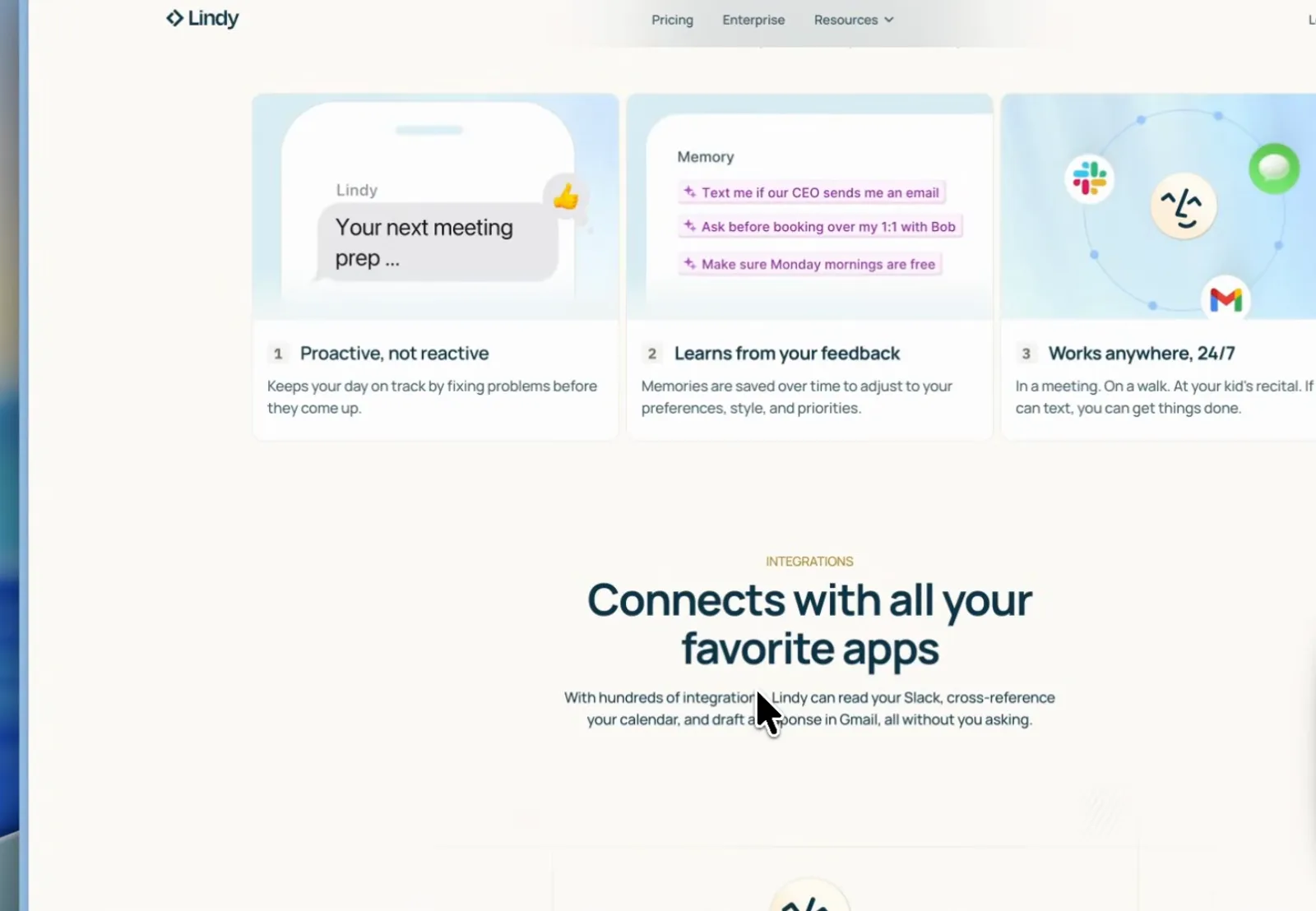 Lindy integrations section listing proactive not reactive learns from your feedback and works anywhere pillars above connects with all your favorite apps