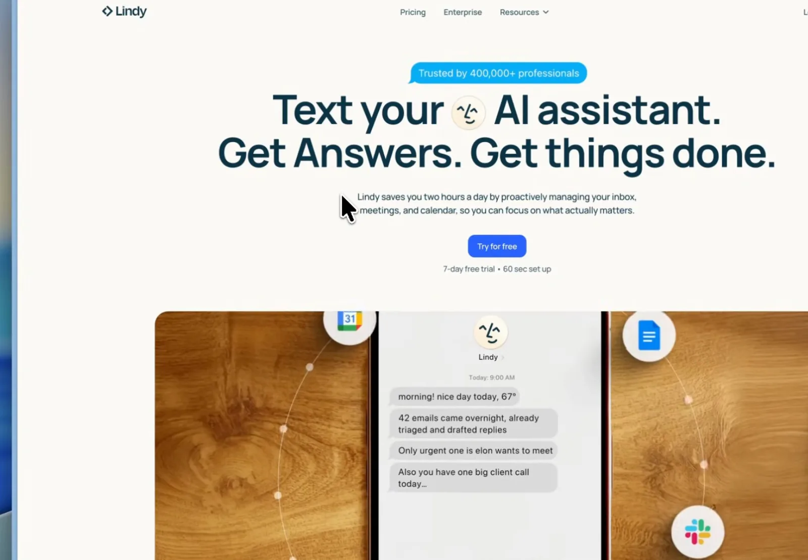 Lindy homepage heading text your AI assistant get answers get things done with trusted by 400000 professionals banner