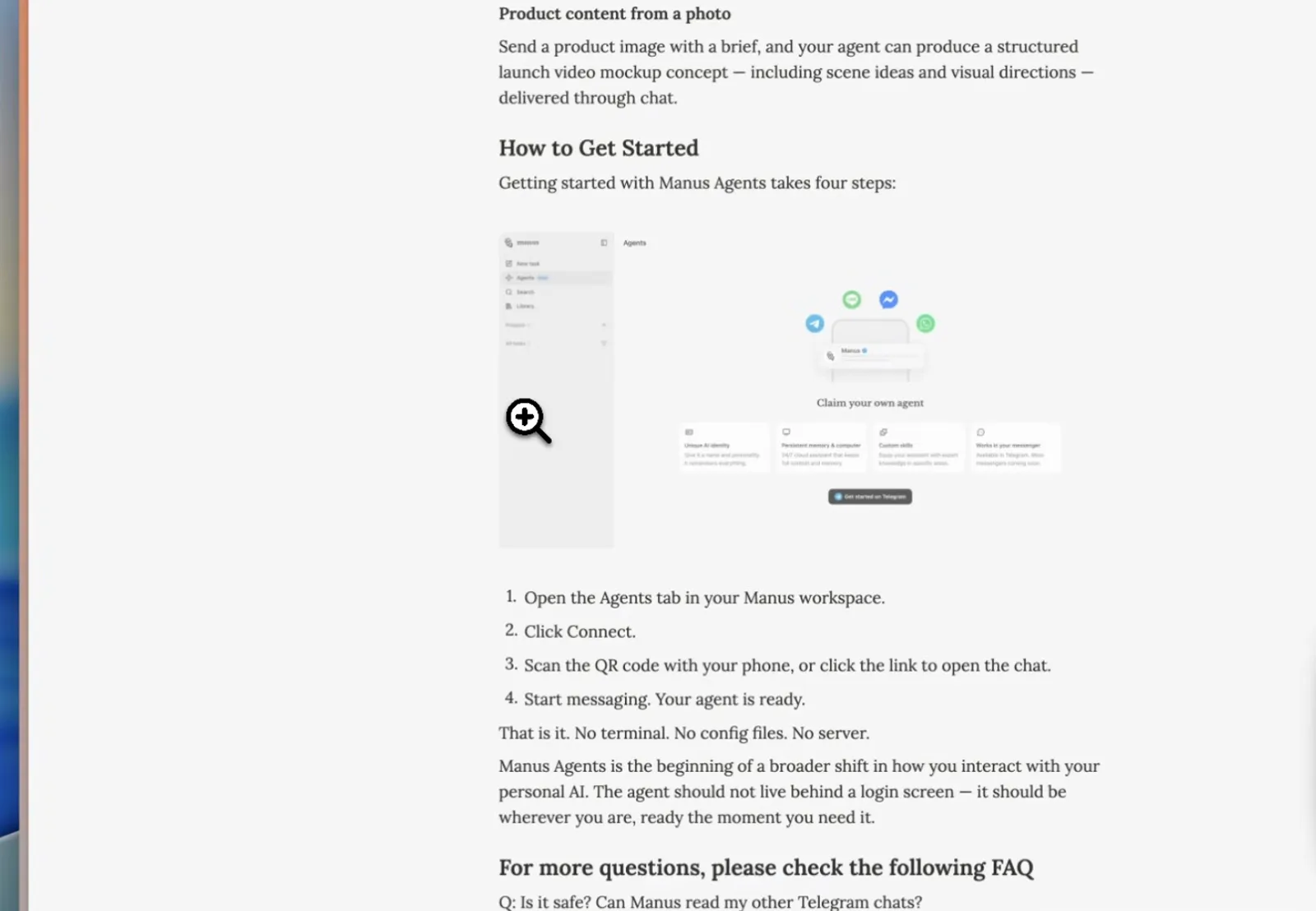 Manus Agents getting-started guide listing four Telegram connect steps from opening the Agents tab to start messaging