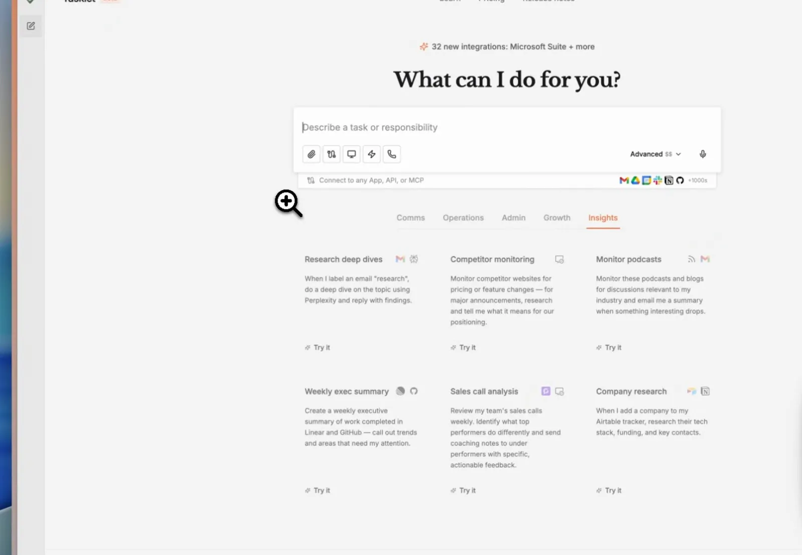 Tasklet what can I do for you dashboard showing task cards for research deep dives competitor monitoring and weekly exec summary