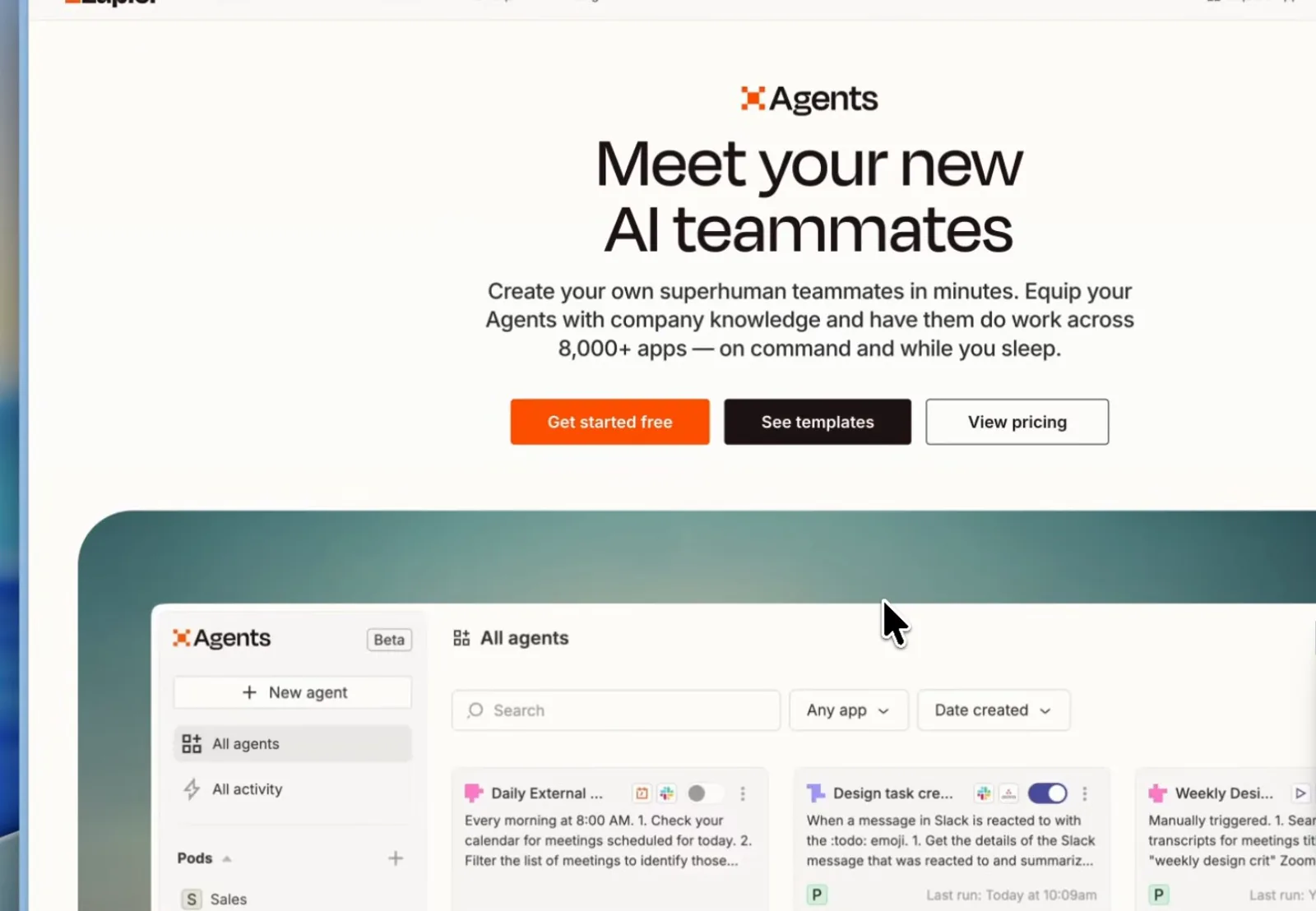 Zapier Agents meet your new AI teammates page with an all agents dashboard listing daily errand and design task agents