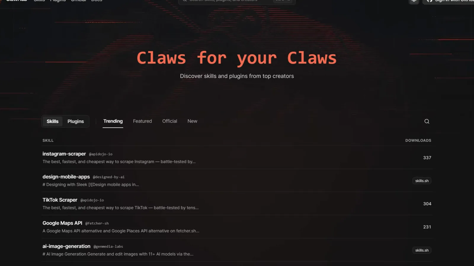ClawHub skill marketplace page titled Claws for your Claws listing trending skills with download counts