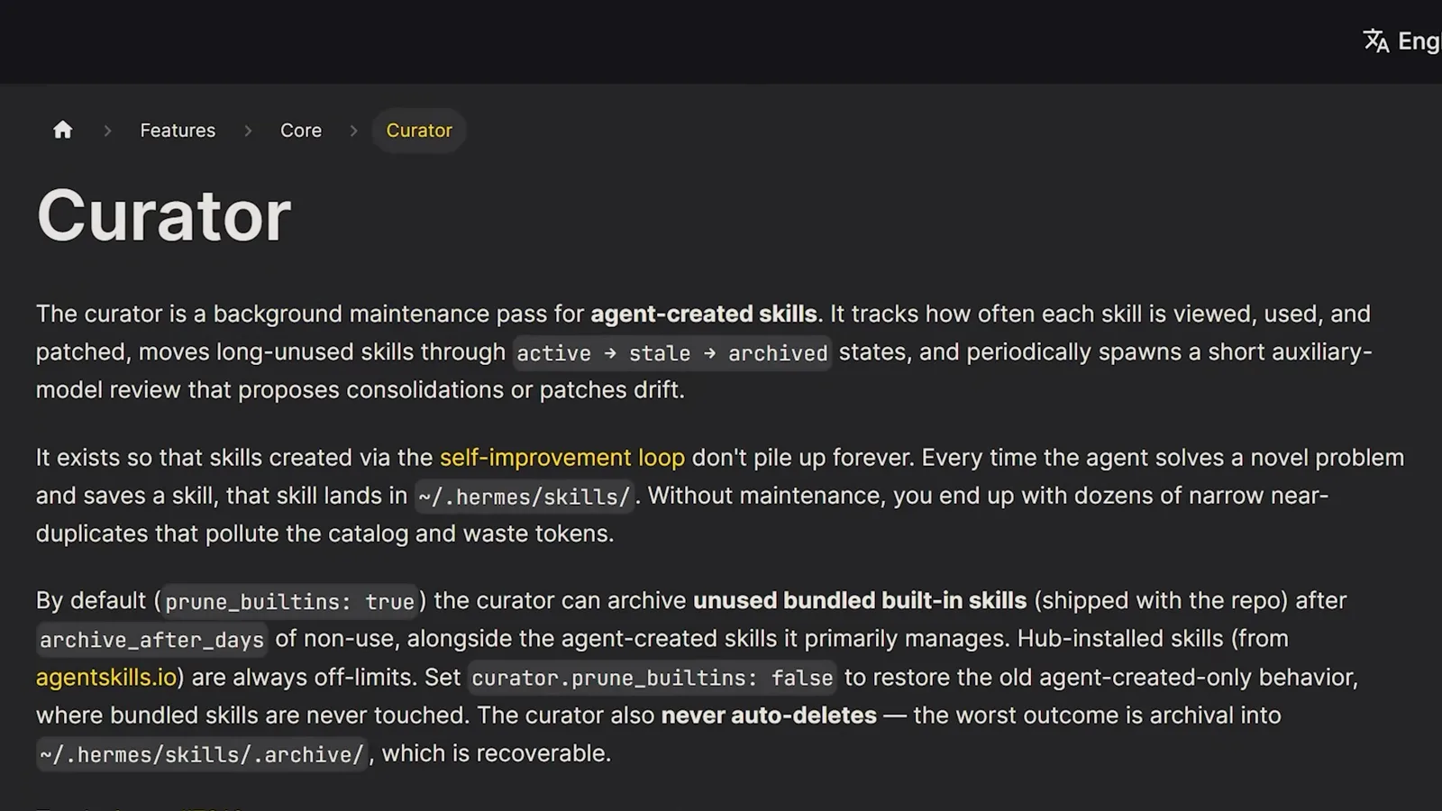Documentation page for the Hermes curator describing active, stale and archived states for agent-created skills