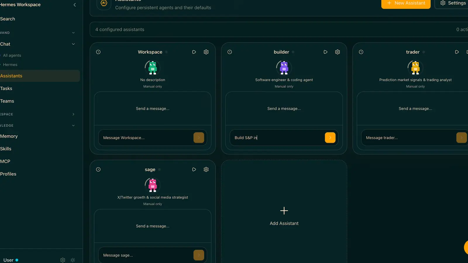 Six configured assistants on an OpenClaw dashboard grid: workspace, builder, trader and sage cards