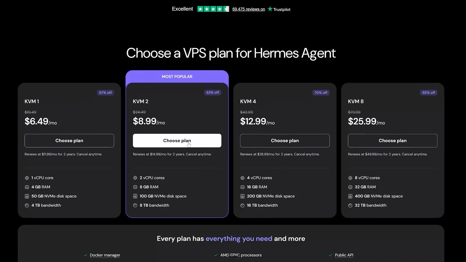 Hosting provider plan picker showing KVM 2 as the popular tier for a one-click Hermes Agent VPS template
