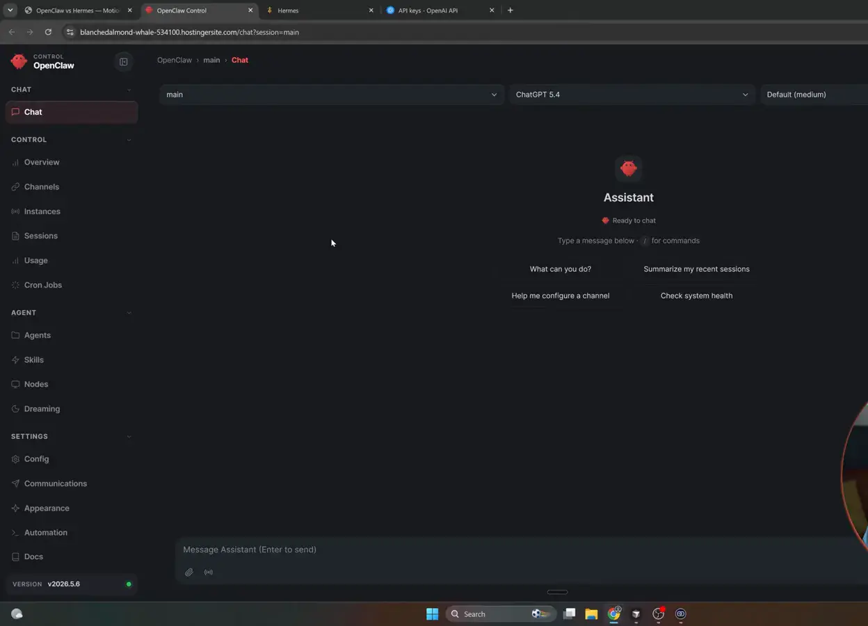 OpenClaw web dashboard control board with a sidebar listing channels, messages, nodes, skills and automation