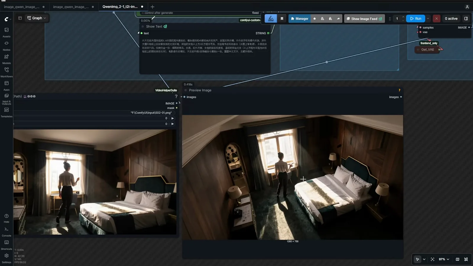 ComfyUI workflow with a five view character turnaround sheet of a woman in a white shirt beside hotel room renders showing the same character from a reversed camera angle ComfyUI workflow with a five view character turnaround sheet of a woman in a white shirt beside hotel room renders showing the same character from a reversed camera angle