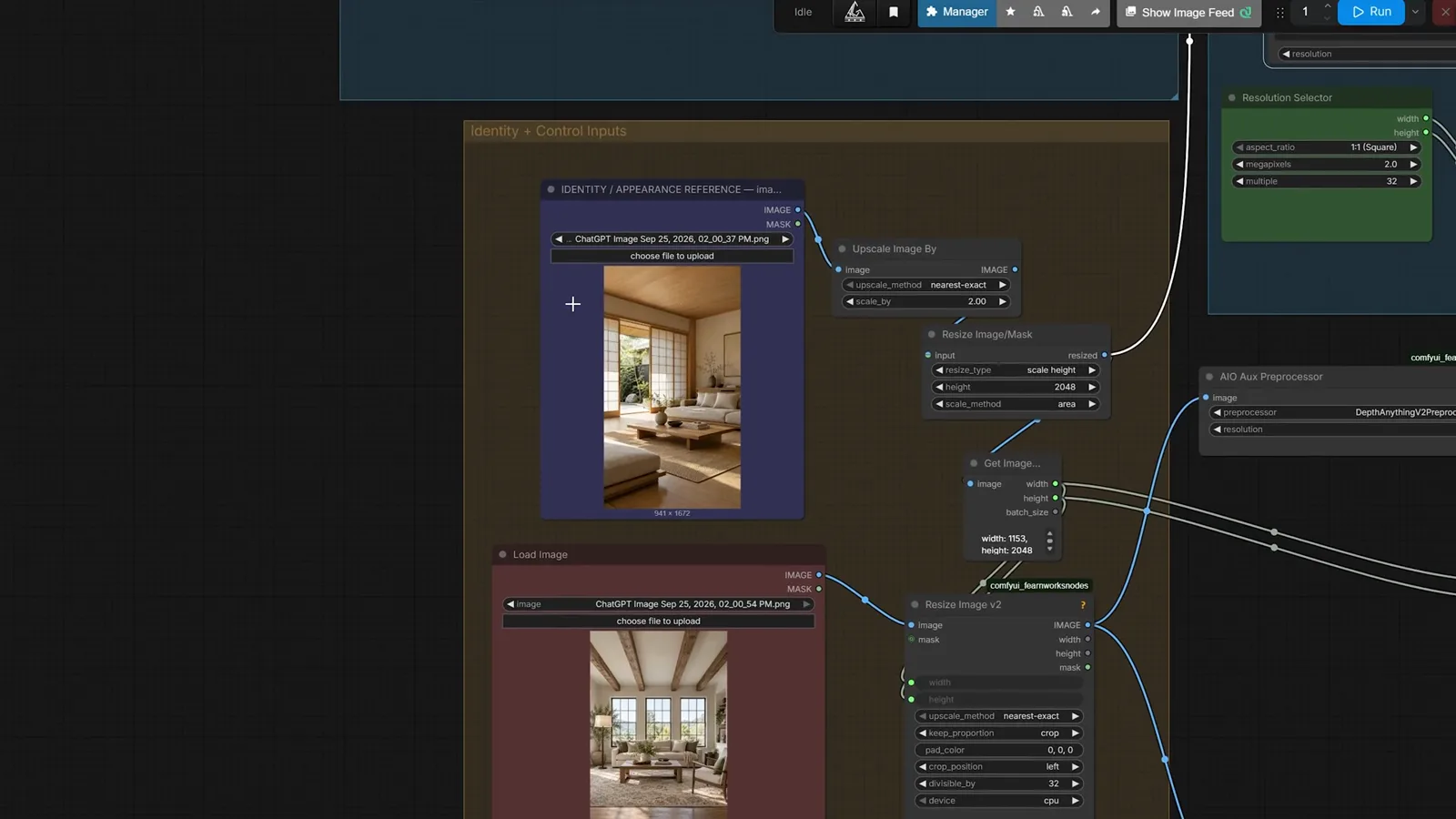 ComfyUI prompt writer node with a depth controlled prompt to turn a living room luxurious with dark furniture at night while preserving camera position and furniture placement ComfyUI prompt writer node with a depth controlled prompt to turn a living room luxurious with dark furniture at night while preserving camera position and furniture placement