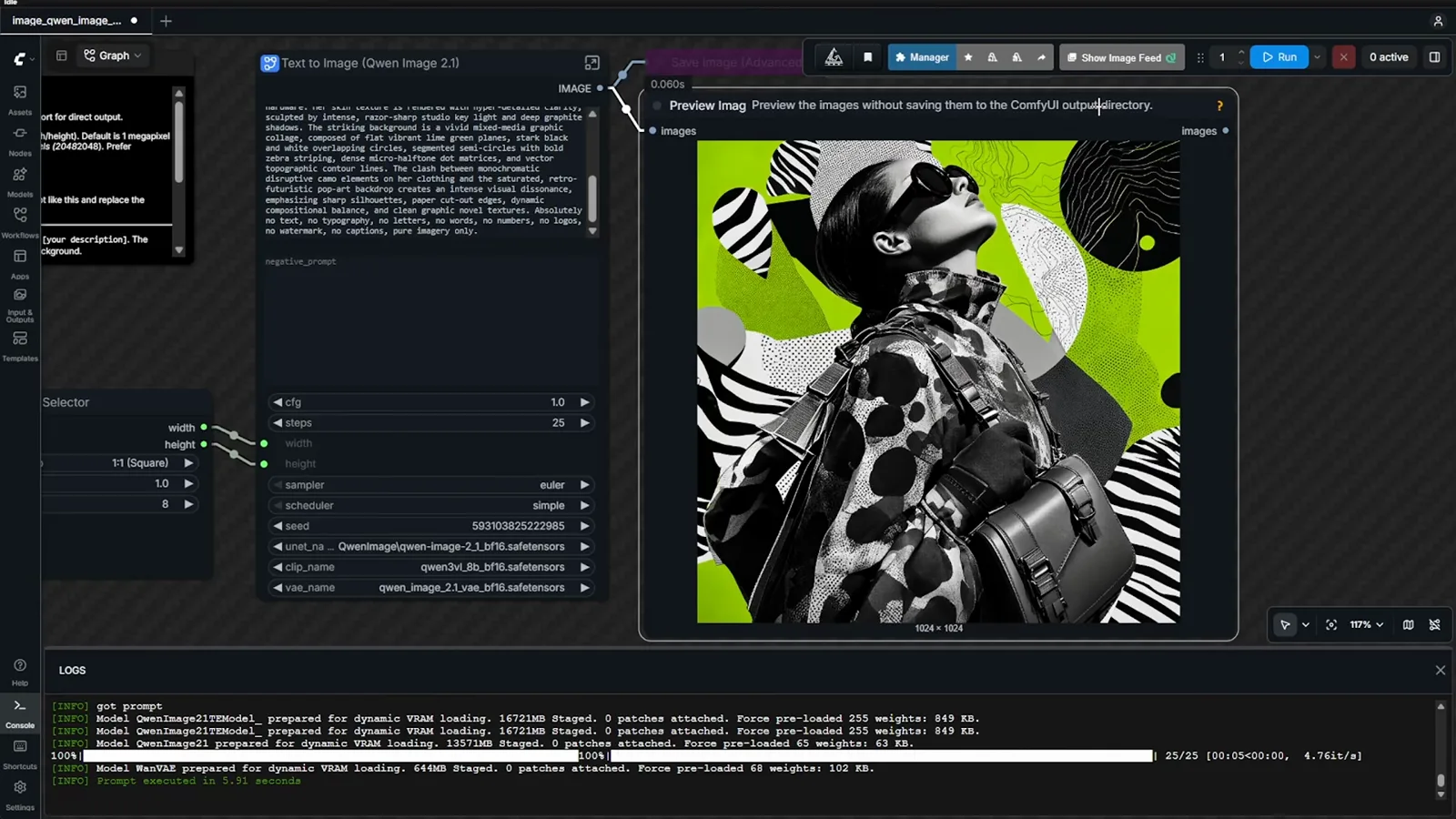 ComfyUI workflow with a structured Qwen Image 2.1 text prompt node beside a green collage portrait of a person wearing sunglasses and a patterned jacket ComfyUI workflow with a structured Qwen Image 2.1 text prompt node beside a green collage portrait of a person wearing sunglasses and a patterned jacket