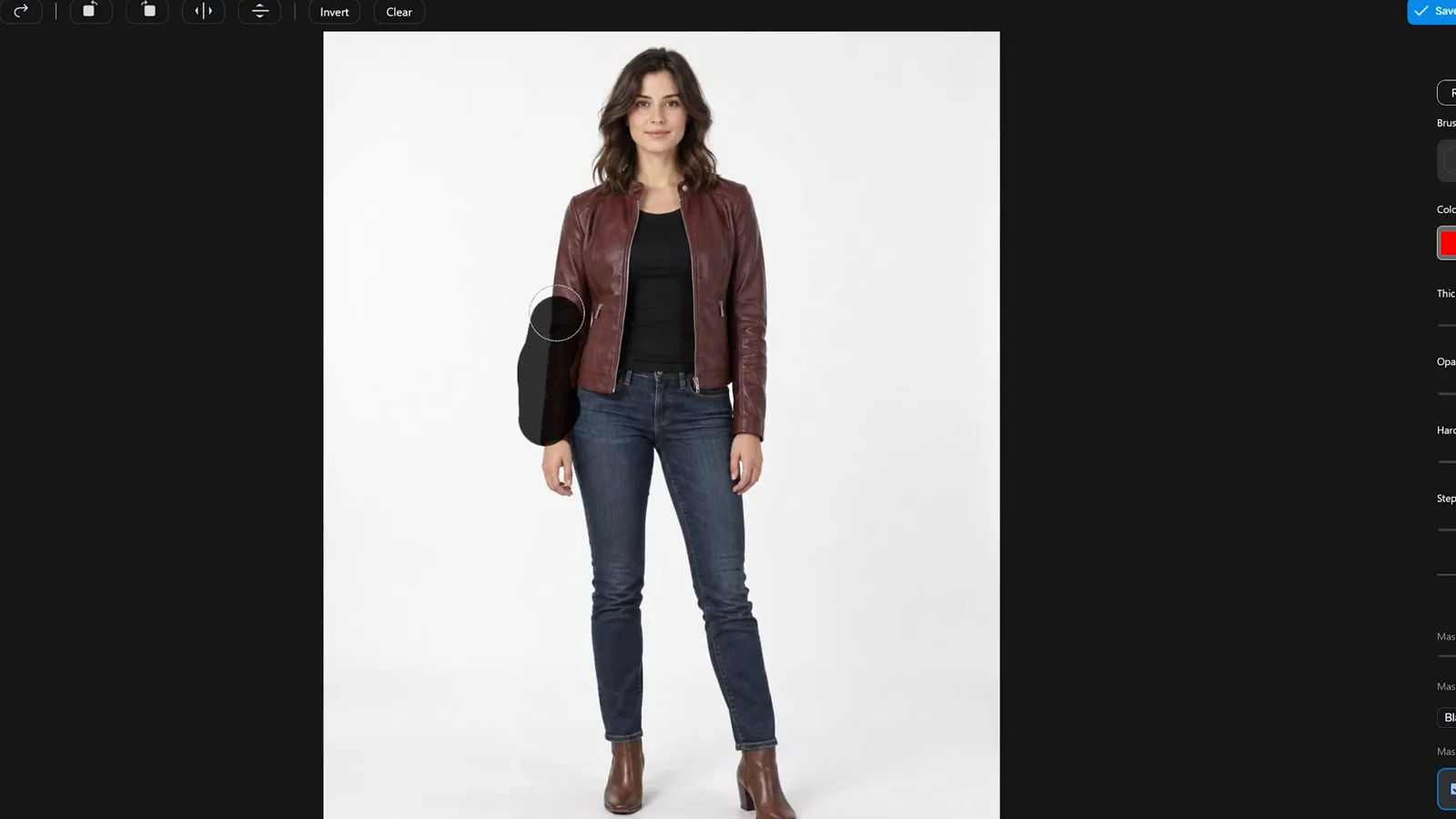 ComfyUI mask editor interface showing a woman in a brown leather jacket and jeans with a black painted mask over one sleeve on a white studio background ComfyUI mask editor interface showing a woman in a brown leather jacket and jeans with a black painted mask over one sleeve on a white studio background