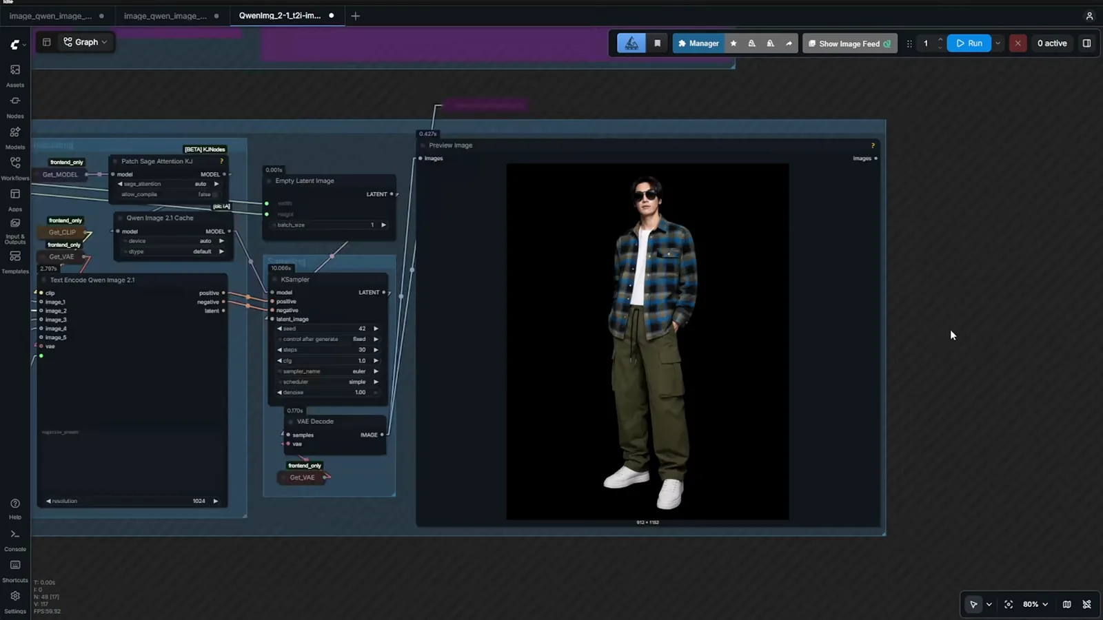ComfyUI workflow showing reference images of pants a plaid shirt and sunglasses combined into a full body photo of a man wearing the assembled outfit ComfyUI workflow showing reference images of pants a plaid shirt and sunglasses combined into a full body photo of a man wearing the assembled outfit