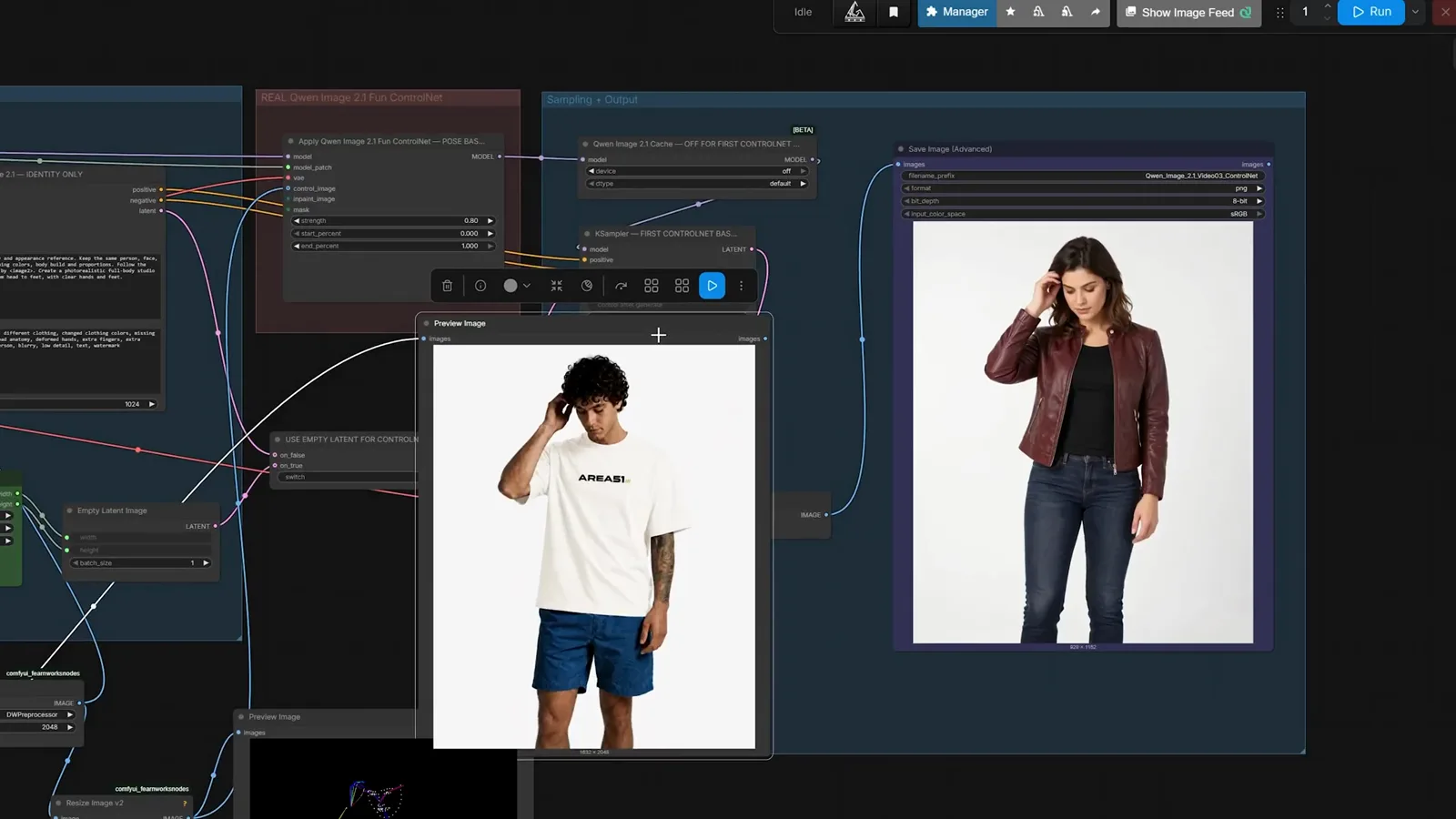 Two panel ComfyUI result comparing a man in a white t-shirt and blue shorts with a woman in a brown leather jacket copied into the same dynamic arms out pose via ControlNet Two panel ComfyUI result comparing a man in a white t-shirt and blue shorts with a woman in a brown leather jacket copied into the same dynamic arms out pose via ControlNet