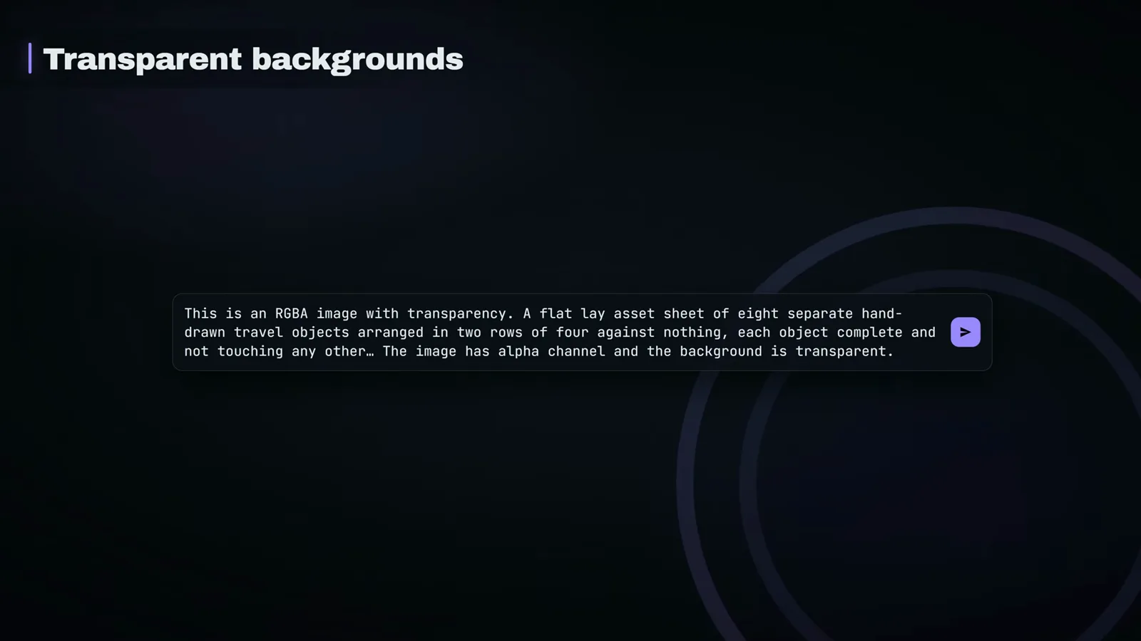 Transparent backgrounds slide showing a prompt that asks for an RGBA flat lay asset sheet of eight hand drawn cartoon objects with alpha channel and transparent background Transparent backgrounds slide showing a prompt that asks for an RGBA flat lay asset sheet of eight hand drawn cartoon objects with alpha channel and transparent background