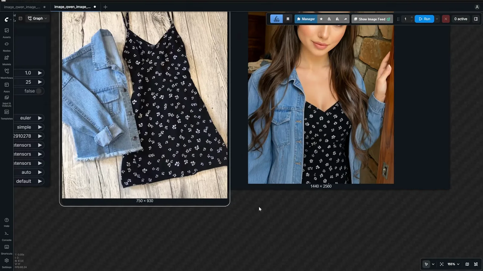 Side by side comparison of a black floral dress laid flat on wood and the same dress worn by a woman in a denim jacket showing matching fabric pattern at 1461 by 2048 resolution Side by side comparison of a black floral dress laid flat on wood and the same dress worn by a woman in a denim jacket showing matching fabric pattern at 1461 by 2048 resolution