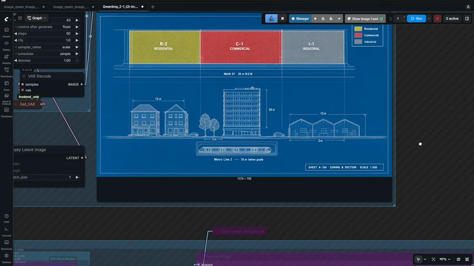 Blueprint style architectural zoning drawing with color coded residential commercial and industrial zones, building outlines, trains, and dimension labels on blue paper Blueprint style architectural zoning drawing with color coded residential commercial and industrial zones, building outlines, trains, and dimension labels on blue paper