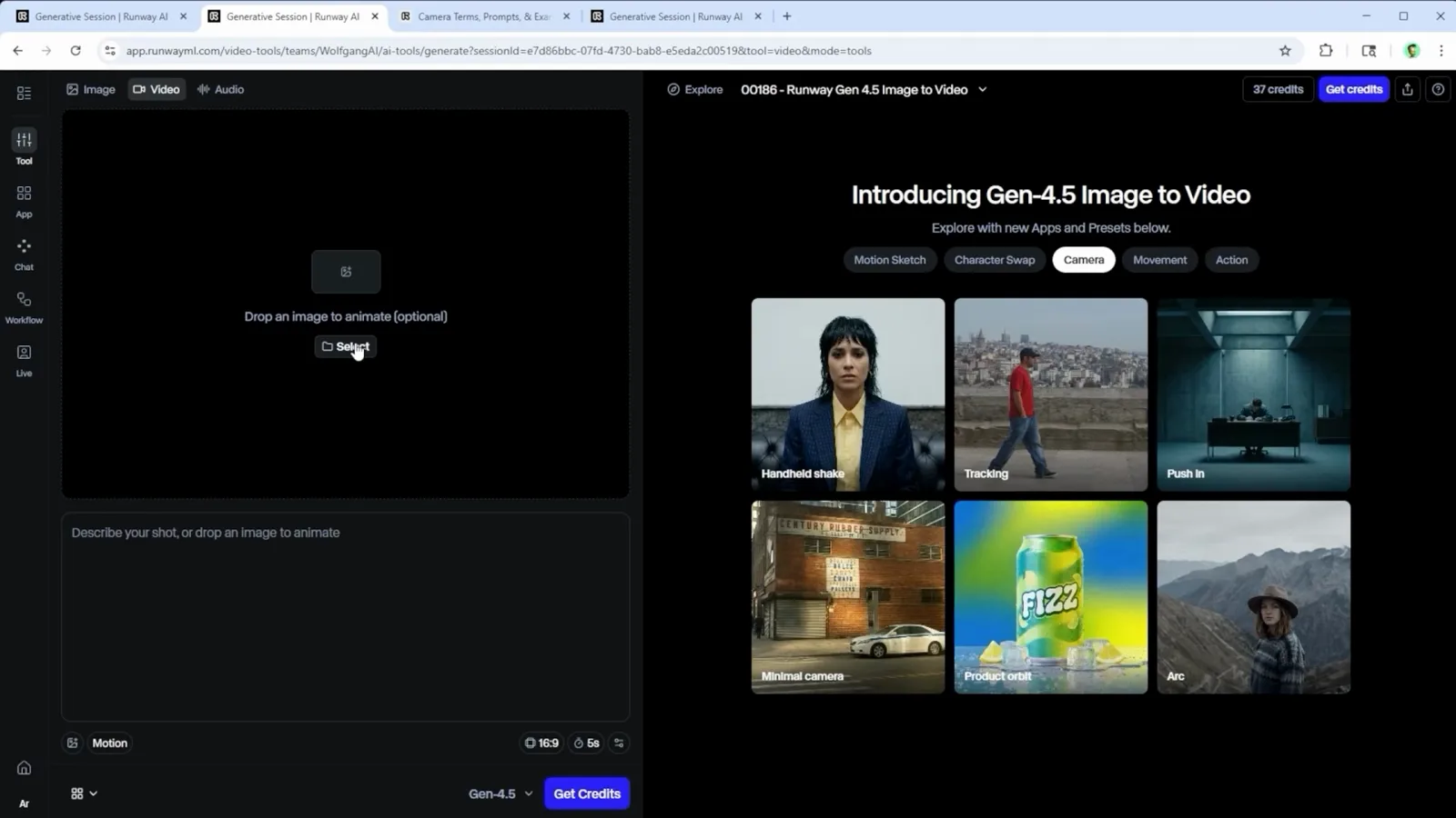 Gen-4.5's welcome screen with Camera, Movement, and Action preset cards like Handheld shake and Product orbit