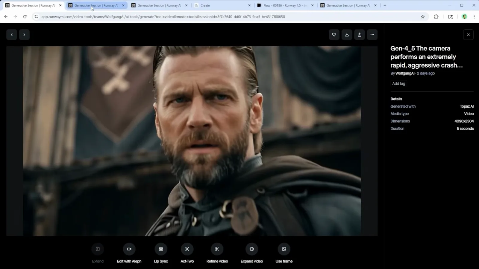 A crash zoom ending on a bearded man's face in a Runway clip with the details panel open beside it