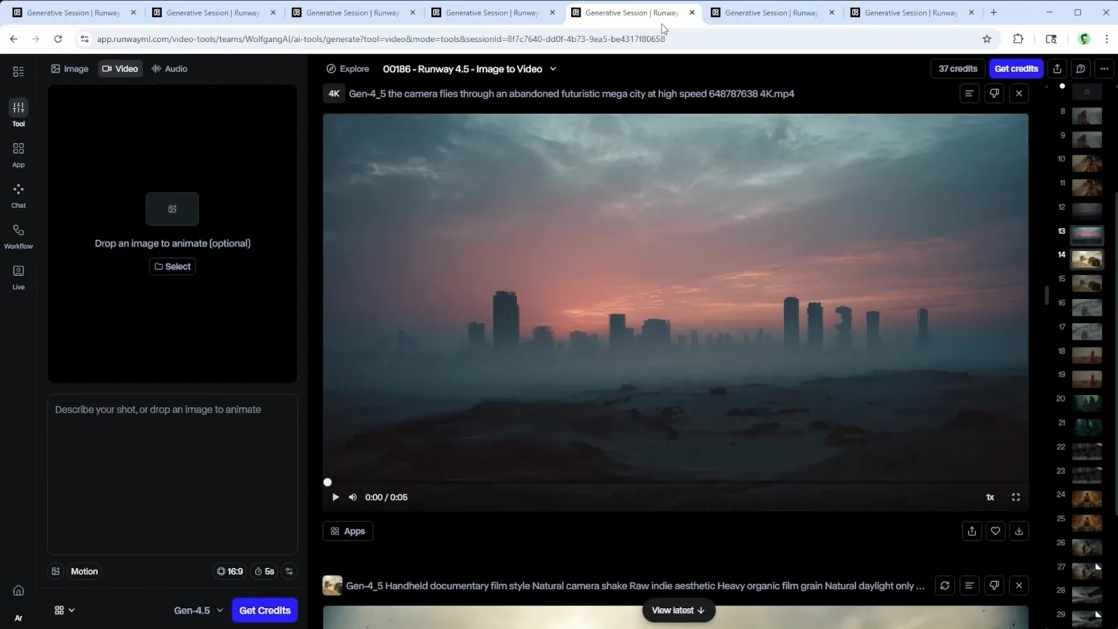A dusk fly-through of a ruined megacity rendered from a minimal camera prompt in Runway