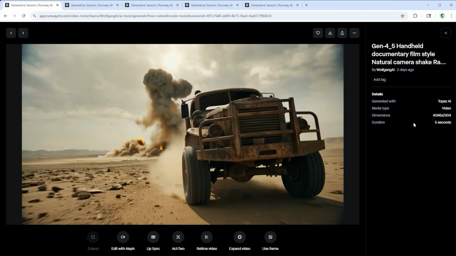 An armored truck kicking up dust while an explosion blooms behind it in a documentary-style Runway clip