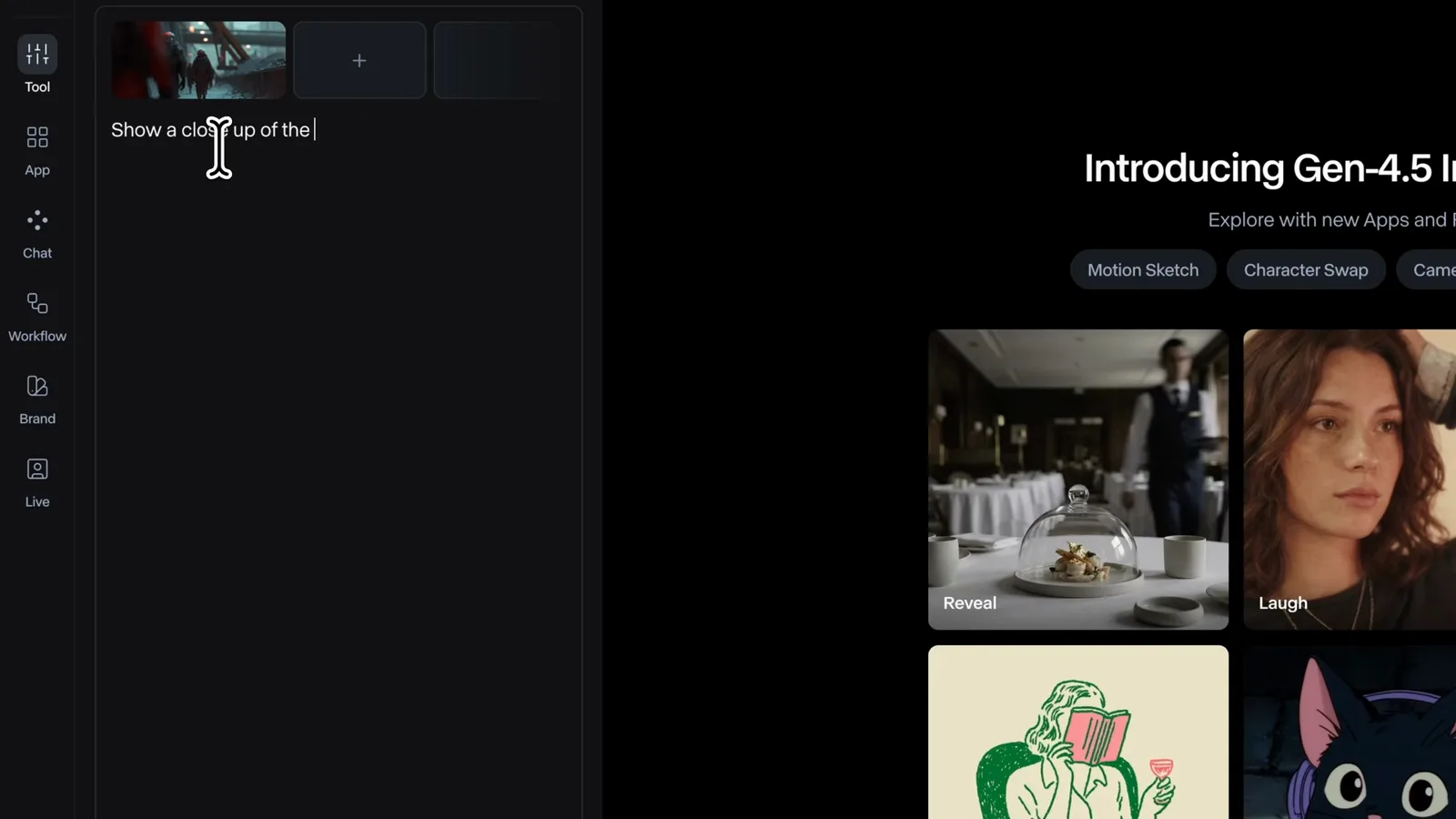Typing a close-up shot prompt beside an image reference slot in Runway's image generator